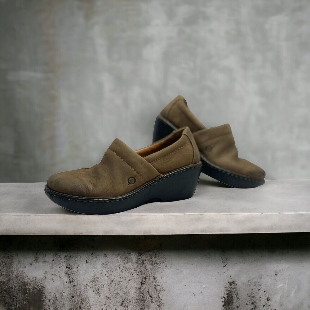Born Women's Clog Size 9 Block Heel Tan Brown Leather Comfy Shoe‎